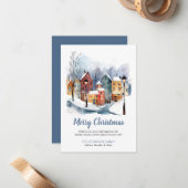 Carte De Correspondance BUDGET Hiver Aquarelle Maisons Bleu Noël (Devant/Arrière en situation)