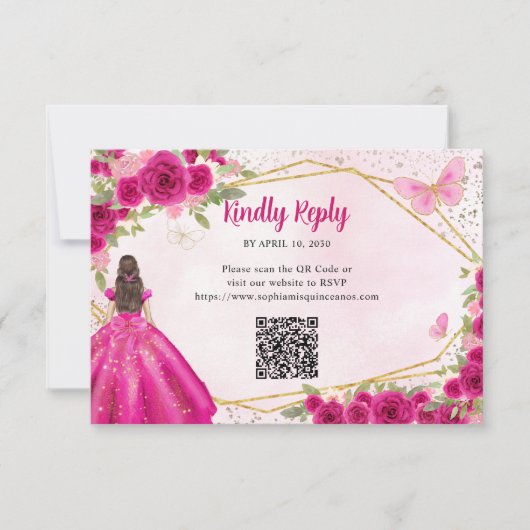 Carte De Correspondance Budget Magenta Rose or Floral Princesse QR RSVP (Devant)