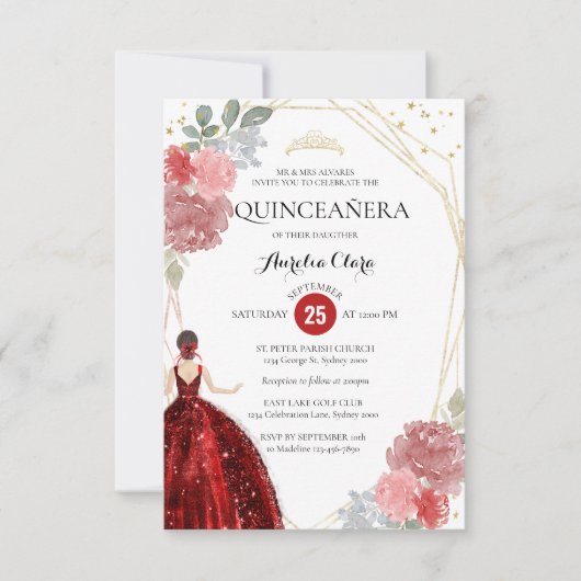 Carte De Correspondance Budget Ruby Rouge Floral Géométrique Quinceañera (Devant)