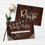 Carte De Correspondance BUDGET Rustique Chaîne de bois lumières dentelle m<br><div class="desc">Rustic Wood et String Lights Lace Wedding carte RSVP avec un arrière - plan rustique en bois avec des cordes scintillantes de lumières et dentelle de style vintage dans les coins inférieurs. Les mots "Kindly Reply" sont lancés dans une typographie élégante mais rustique, ce qui en fait le design parfait...</div>