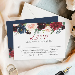 Carte De Correspondance Budget Small RSVP   Burgundy Red Navy Blue Floral