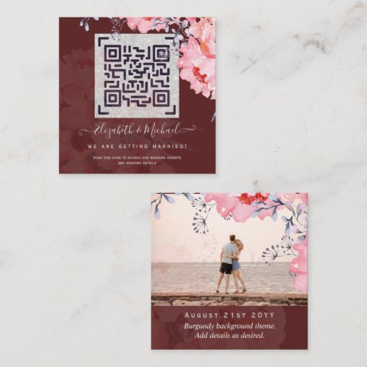 Carte De Correspondance Burgundy QR SCANNING CODE Mariage site web PHOTO (Devant / Derrière)