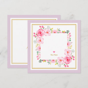Carte De Correspondance Cadre floral rose aquarelle romantique et cœur 