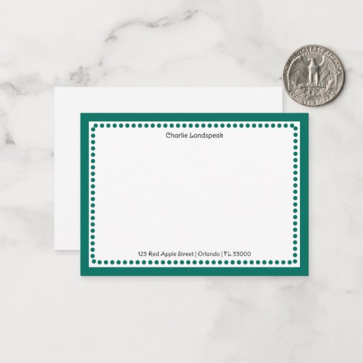 Carte De Correspondance Cadre pointillé vert sarcelle moderne avec nom per (Devant/Arrière en situation)