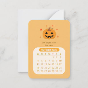 Carte De Correspondance Calendrier mensuel motivant Kawaii d'octobre 2026