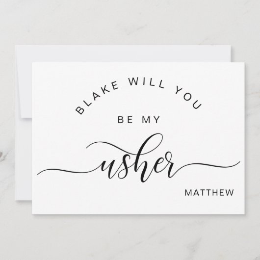 Carte De Correspondance Calligraphie noir et blanc, Be My Usher Card (Devant)