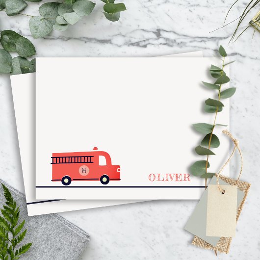Carte De Correspondance Camion de pompiers rouge mignon Monogram garçons