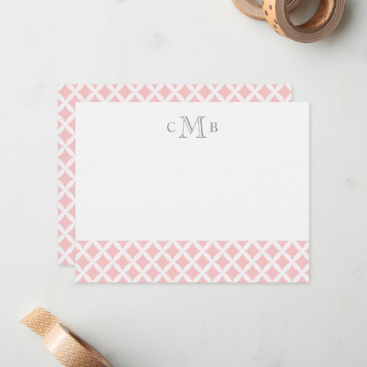 Carte De Correspondance Carreaux rose clair Mariage Monogramme papeterie (Devant/Arrière en situation)