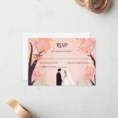 Carte De Correspondance Cartoon en couple minimal avec Fleurs RSVP (Devant/Arrière en situation)