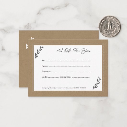 Carte De Correspondance Certificat cadeau Kraft & Rustic (Devant/Arrière en situation)