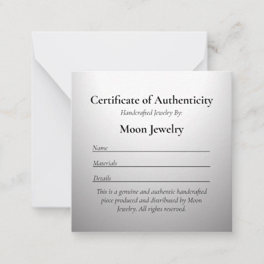 Carte De Correspondance Certificat d'authenticité pour bijoux Argent (Devant)