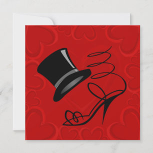 Carte De Correspondance Chapeau haut de forme et talons hauts coeurs rouge