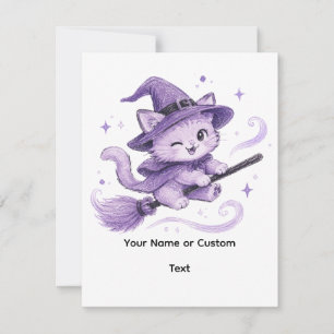 Carte De Correspondance Charmante sorcière chat violet sur balai Halloween