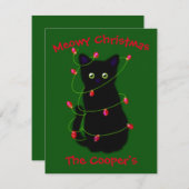 Carte De Correspondance chat noir | Meowy Christmas | lumières à scintille (Devant / Derrière)
