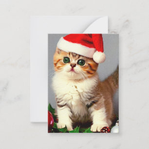 Carte De Correspondance Chaton de Noël Vintage avec Chapeau de Père Noël