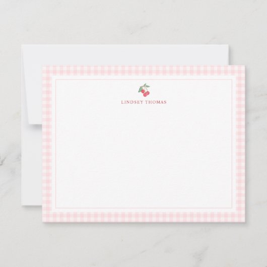 Carte De Correspondance Cherries Pink Gingham Border Personalized (Devant)