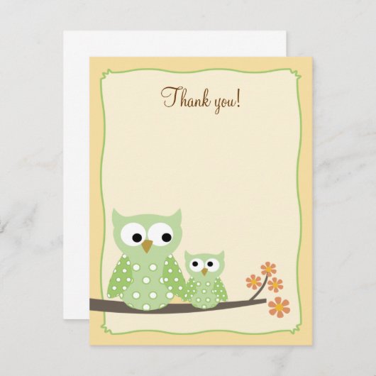 Carte De Correspondance Chouettes vertes 4x5 Plat Merci note (Devant / Derrière)