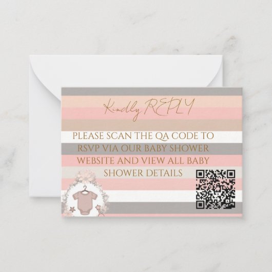 Carte De Correspondance Code QR RSVP Rayures Grises Rose (Devant)