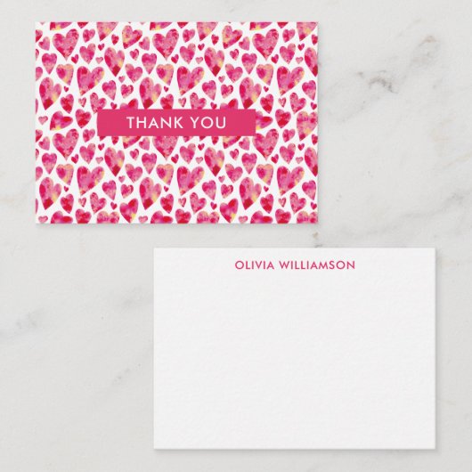 Carte De Correspondance Cœur de remerciement rose chaud (Devant / Derrière)