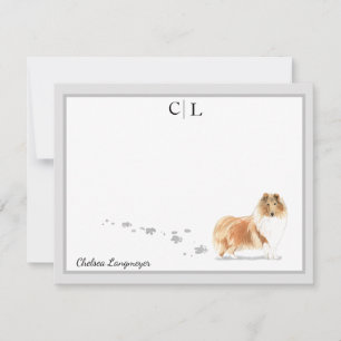 Carte De Correspondance Collie Dog Grey Bordure Monogramme & Votre Nom