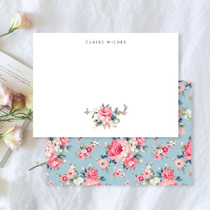 Carte De Correspondance Cottage Roses roses sur Arrière - plan bleu