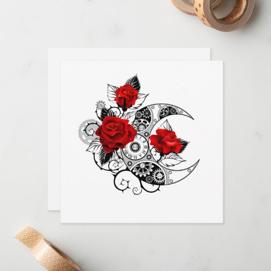 Carte De Correspondance Croissant mécanique avec roses rouges (Devant/Arrière en situation)