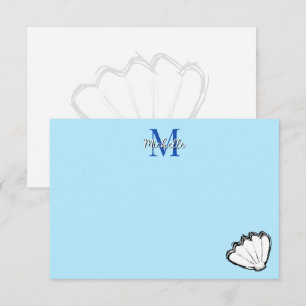 Carte De Correspondance Croquis de coquillage blanc et bleu monogramme