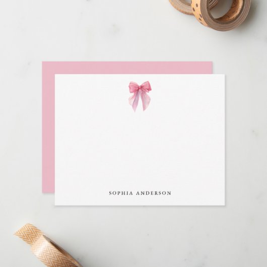 Carte De Correspondance Custom Pink Bow Note Card (Devant/Arrière en situation)