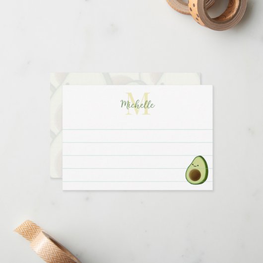 Carte De Correspondance Cute Cartoon Avocado Custom Monogram Lined (Devant/Arrière en situation)