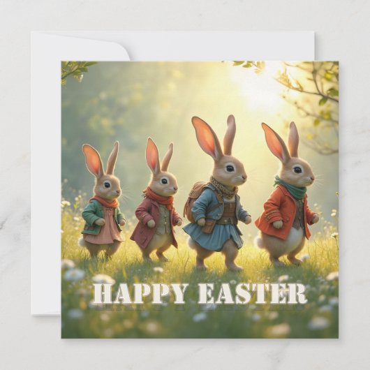 Carte De Correspondance Cute Easter Bunnies Walking in Spring Meadow (Devant)