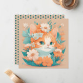 Carte De Correspondance Cute Kitten avec Fleurs (Devant/Arrière en situation)