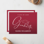 Carte De Correspondance Diplômé Script Rouge Carmine Merci (Devant/Arrière en situation)