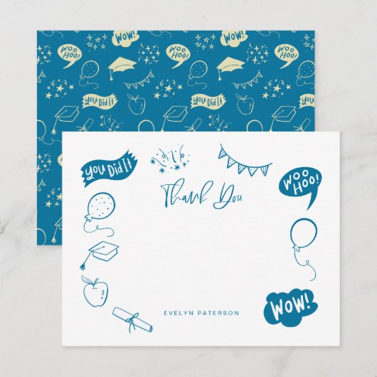 Carte De Correspondance Doodle Moderne Merci Bleu (Devant / Derrière)
