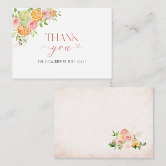 Carte De Correspondance Elégant Aquarelle Citrus rose Fleurs Merci (Devant / Derrière)