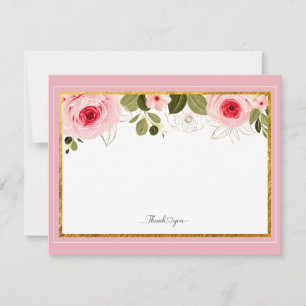 Carte De Correspondance Élégant cadre floral rose et or "Merci"