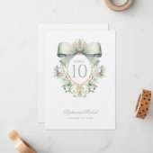 Carte De Correspondance Elegant Crest with Sage Green Bow Table Number (Devant/Arrière en situation)