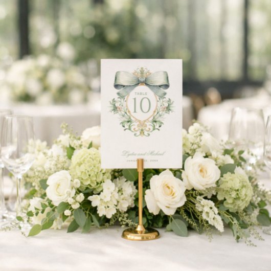 Carte De Correspondance Elegant Crest with Sage Green Bow Table Number