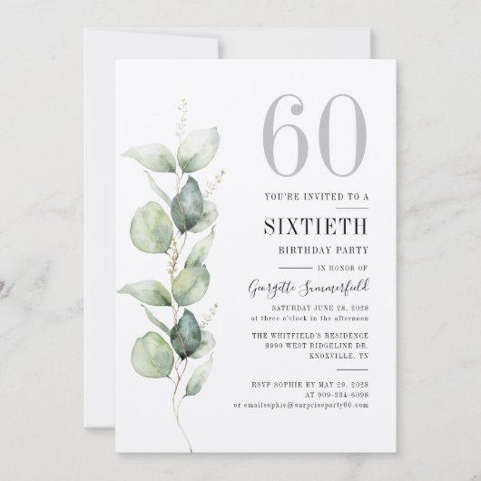 Carte De Correspondance Elégant Eucalyptus 60e anniversaire de fête Invita (Devant)