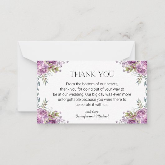 Carte De Correspondance élégant mariage moderne violet fleuri merci (Devant)