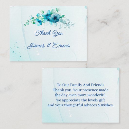 Carte De Correspondance Élégant Merci Mariage à fleurs bleues Customisées (Devant / Derrière)