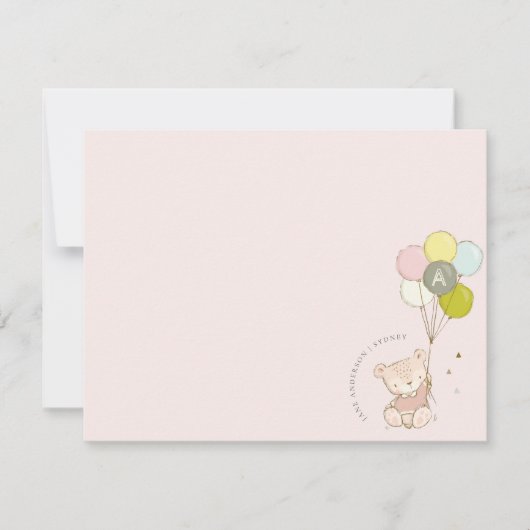 Carte De Correspondance Élégant Mignon Ballon Ours Blush Monogramme (Devant)