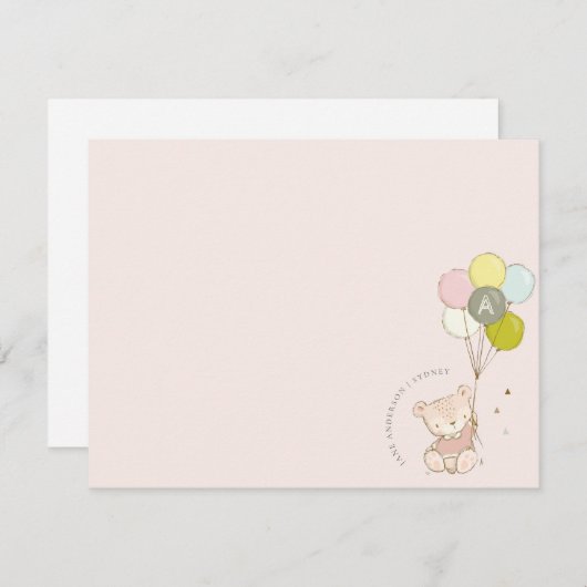 Carte De Correspondance Élégant Mignon Ballon Ours Blush Monogramme (Devant / Derrière)