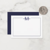 Carte De Correspondance Élégant Monogramme de Bordure Bleu Marine Script (Devant/Arrière en situation)
