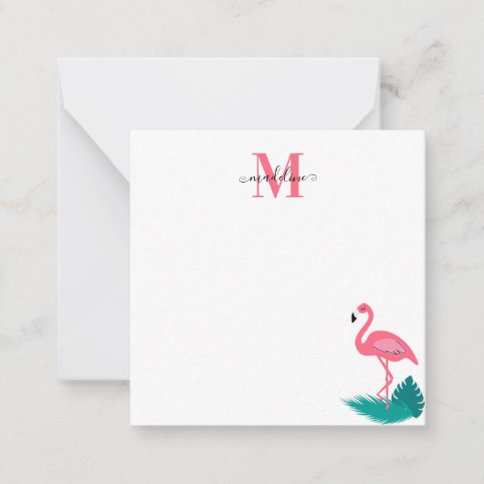 Carte De Correspondance Élégant Monogramme Tropical Flamant rose rose Carr (Devant)