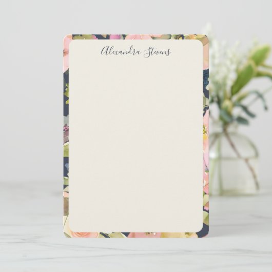 Carte De Correspondance Elegant Navy Blush Floral Personalized Script Name (Debout devant)