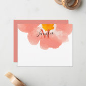 Carte De Correspondance Élégant noir et corail aquarelle Monogramme (Devant/Arrière en situation)