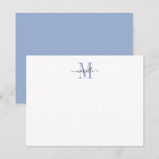 Carte De Correspondance Élégant Script chic moderne Monogramme bleu poussi (Devant / Derrière)