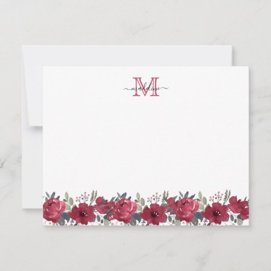 Carte De Correspondance Élégant Script Floral Bourgogne rouge Monogramme (Devant)