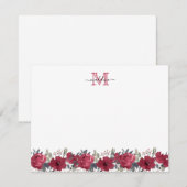 Carte De Correspondance Élégant Script Floral Bourgogne rouge Monogramme (Devant / Derrière)
