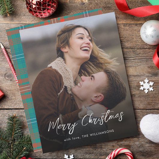 Carte De Correspondance Élégant Script Joyeux Noël Wilson Tartan Photo